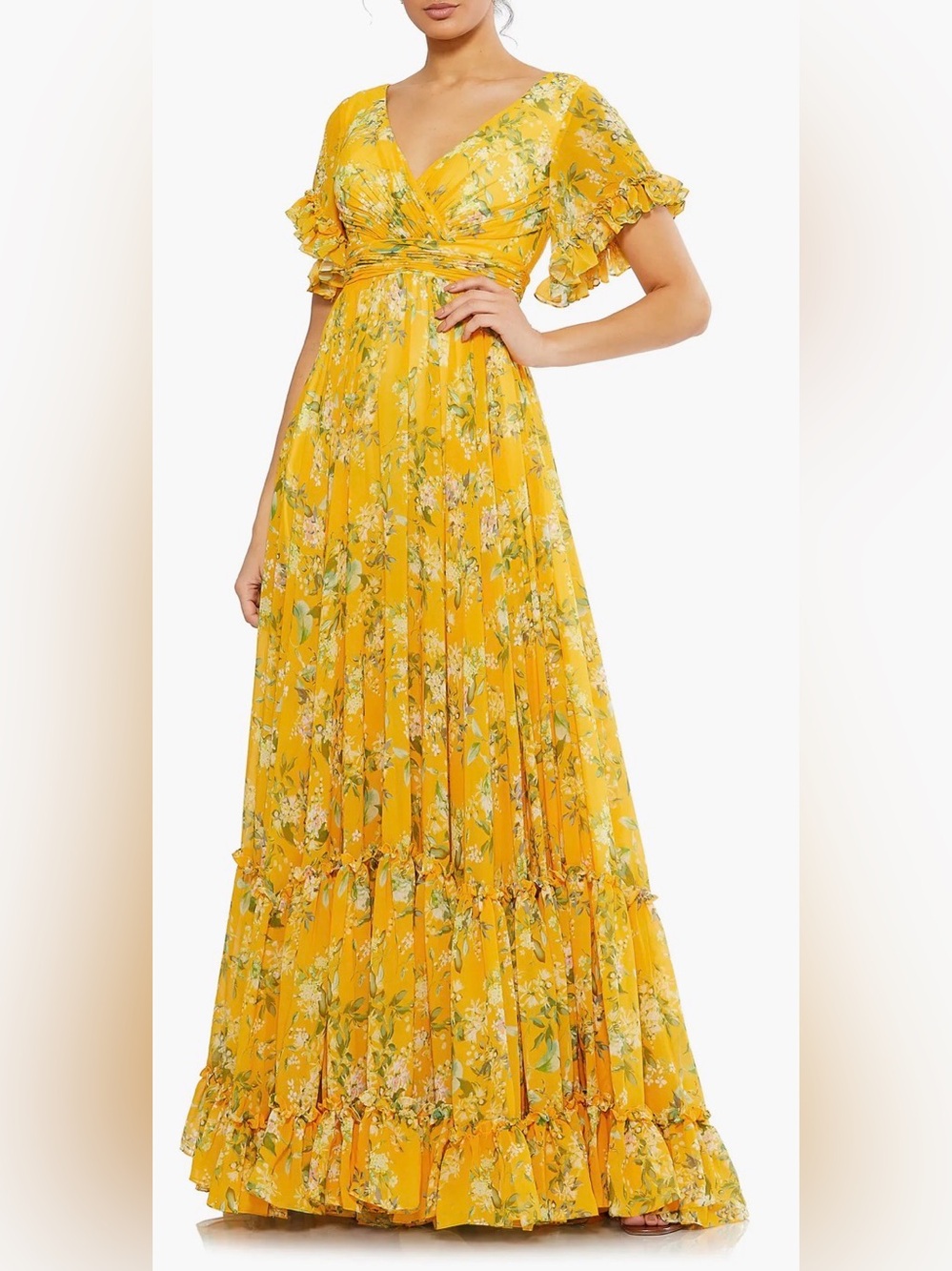NEW MAC DUGGAL Flounce Sleeve Ruffle Floral yellow Maxi Dress size 2
